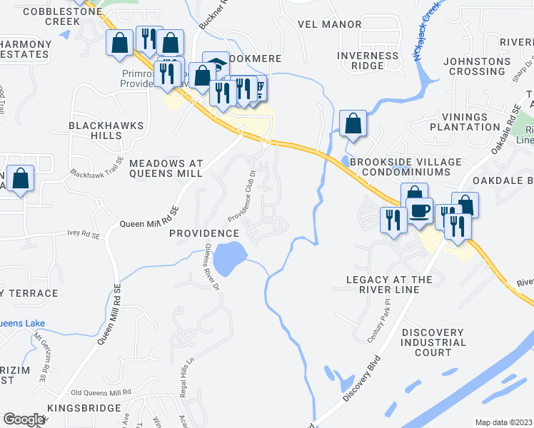 map of restaurants, bars, coffee shops, grocery stores, and more near 6337 Queens Court Trace in Mableton