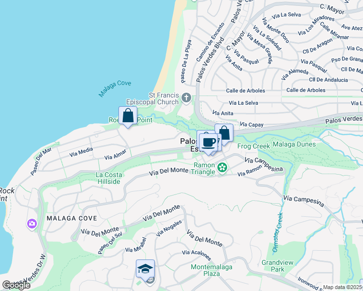 map of restaurants, bars, coffee shops, grocery stores, and more near 312 Vía Almar in Palos Verdes Estates