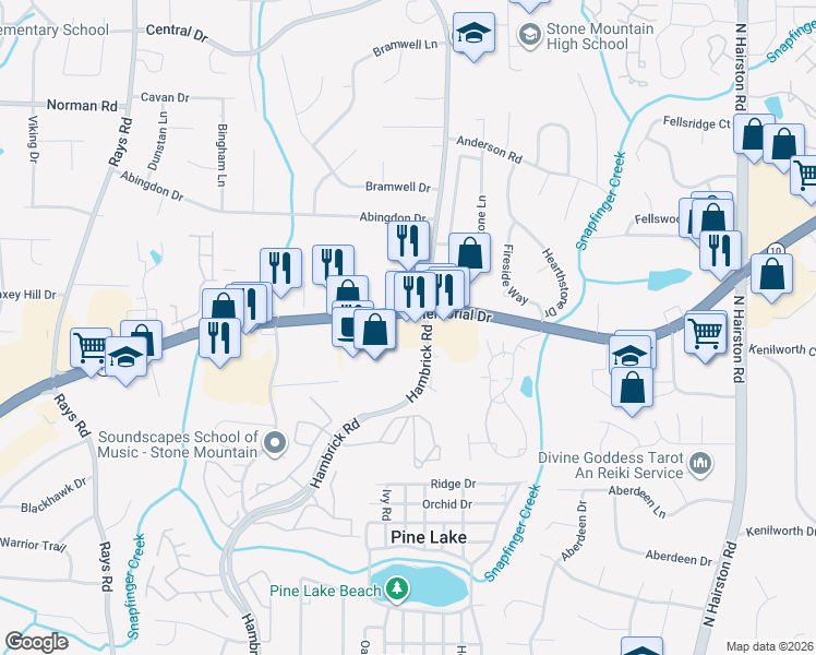 map of restaurants, bars, coffee shops, grocery stores, and more near 5651 Memorial Drive in Stone Mountain