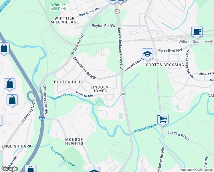 map of restaurants, bars, coffee shops, grocery stores, and more near 2745 Marco Drive Northwest in Atlanta