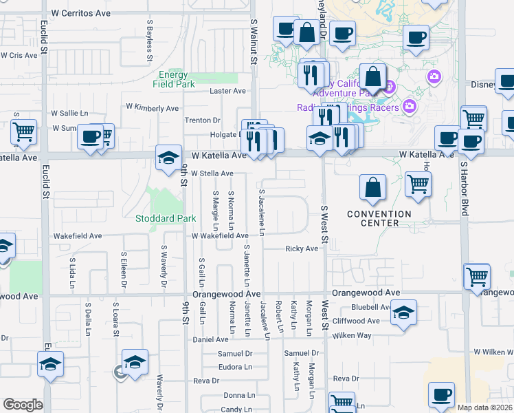 map of restaurants, bars, coffee shops, grocery stores, and more near 1877 South Jacalene Lane in Anaheim