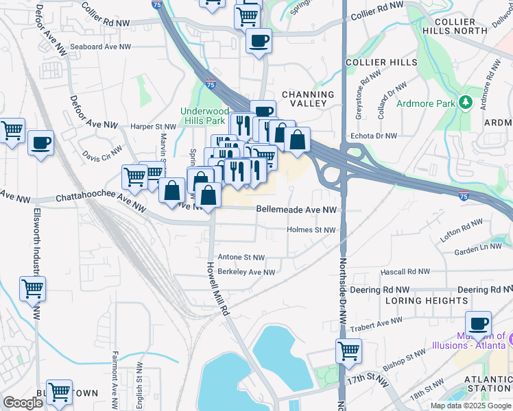 map of restaurants, bars, coffee shops, grocery stores, and more near 761 Bellemeade Avenue Northwest in Atlanta