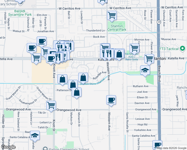 map of restaurants, bars, coffee shops, grocery stores, and more near 11030 Kibbins Circle in Stanton