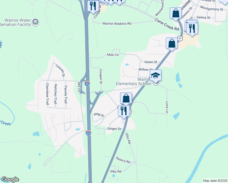 map of restaurants, bars, coffee shops, grocery stores, and more near 171 Dana Road in Warrior