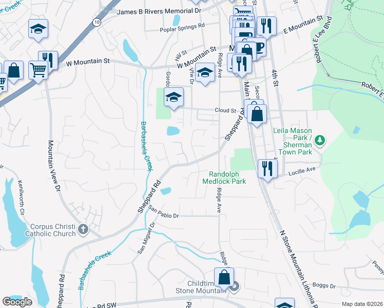 map of restaurants, bars, coffee shops, grocery stores, and more near 810 Sheppard Way in Stone Mountain