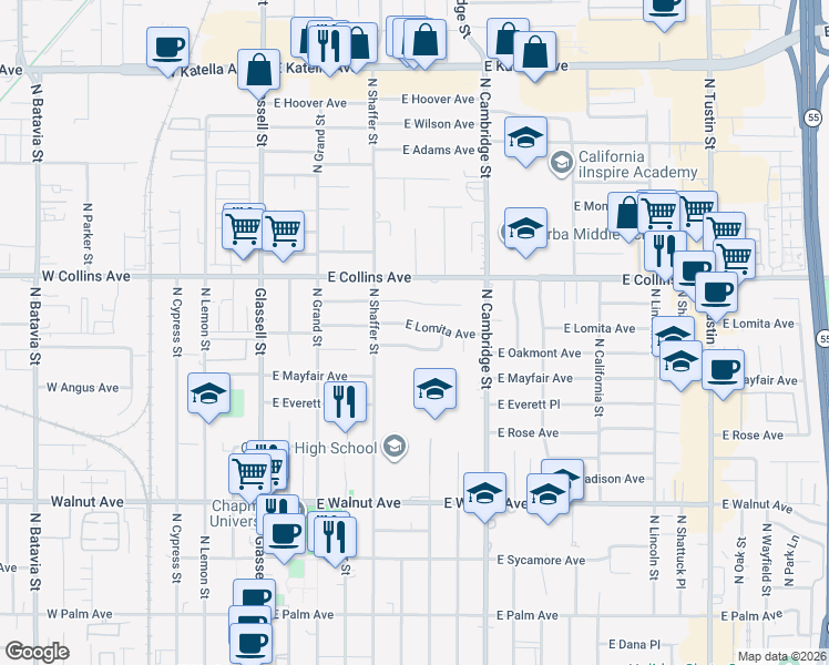 map of restaurants, bars, coffee shops, grocery stores, and more near 622 East Lomita Avenue in Orange