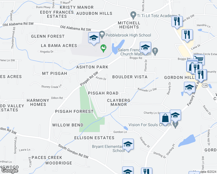 map of restaurants, bars, coffee shops, grocery stores, and more near 6297 Lobelia Road Southwest in Mableton