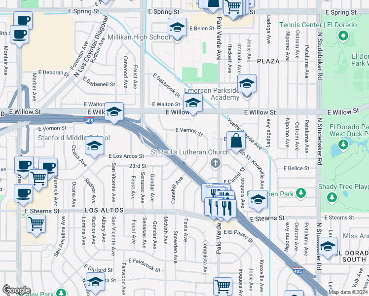 map of restaurants, bars, coffee shops, grocery stores, and more near 2337 Tevis Avenue in Long Beach