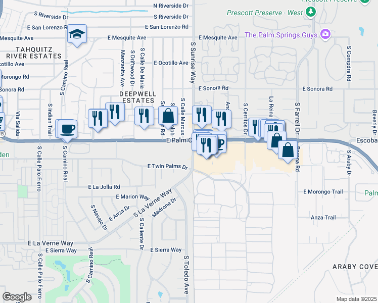 map of restaurants, bars, coffee shops, grocery stores, and more near 1655 East Palm Canyon Drive in Palm Springs