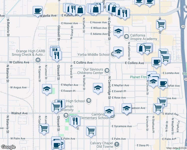 map of restaurants, bars, coffee shops, grocery stores, and more near 622 East Lomita Avenue in Orange