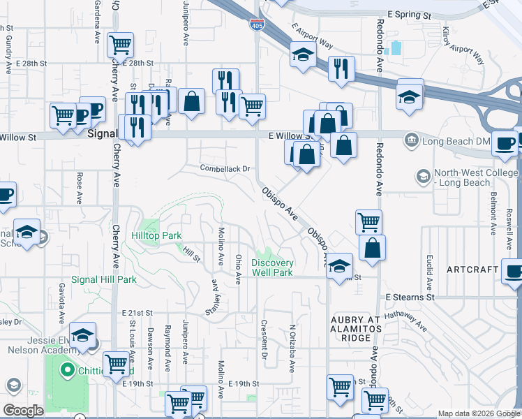 map of restaurants, bars, coffee shops, grocery stores, and more near 2953 Hathaway Court in Signal Hill