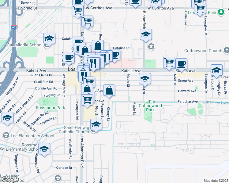 map of restaurants, bars, coffee shops, grocery stores, and more near 3758 Howard Avenue in Los Alamitos