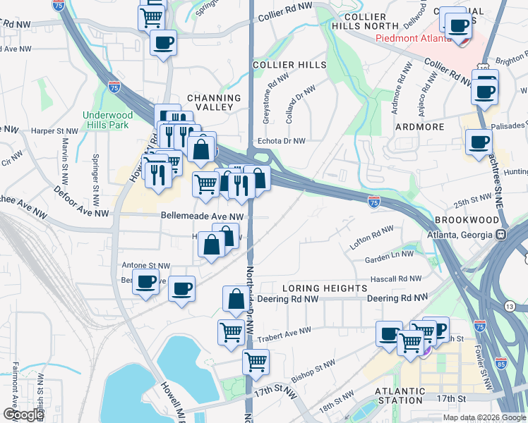 map of restaurants, bars, coffee shops, grocery stores, and more near 1 Northside 75 Northwest in Atlanta