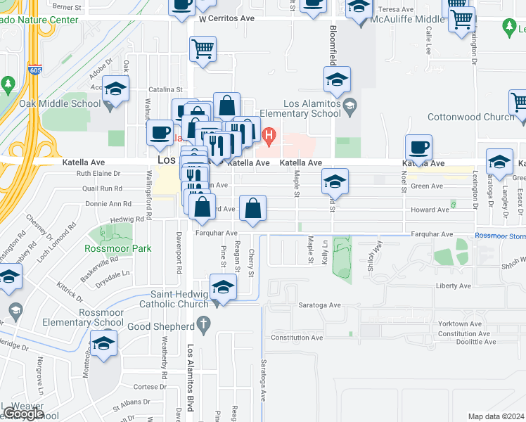 map of restaurants, bars, coffee shops, grocery stores, and more near 3752 Howard Avenue in Los Alamitos