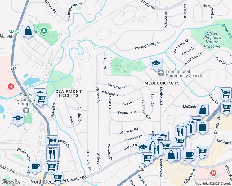 map of restaurants, bars, coffee shops, grocery stores, and more near 2272 Desmond Drive in Decatur