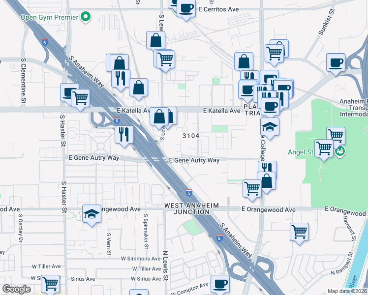 map of restaurants, bars, coffee shops, grocery stores, and more near 1874 South Santa Cruz Street in Anaheim
