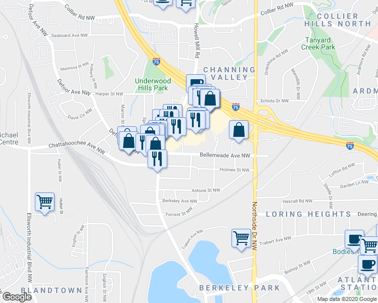 map of restaurants, bars, coffee shops, grocery stores, and more near 765 Bellemeade Avenue Northwest in Atlanta