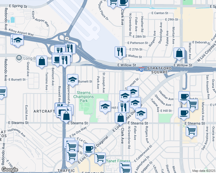 map of restaurants, bars, coffee shops, grocery stores, and more near 2351 Argonne Ave in Long Beach