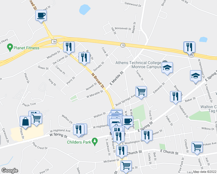 map of restaurants, bars, coffee shops, grocery stores, and more near 323 North Midland Avenue in Monroe