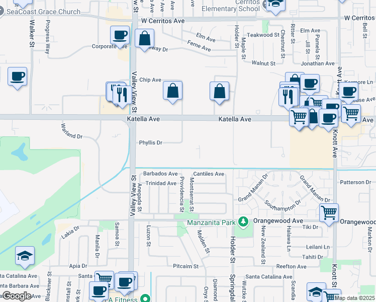 map of restaurants, bars, coffee shops, grocery stores, and more near 11150 Hope Street in Cypress