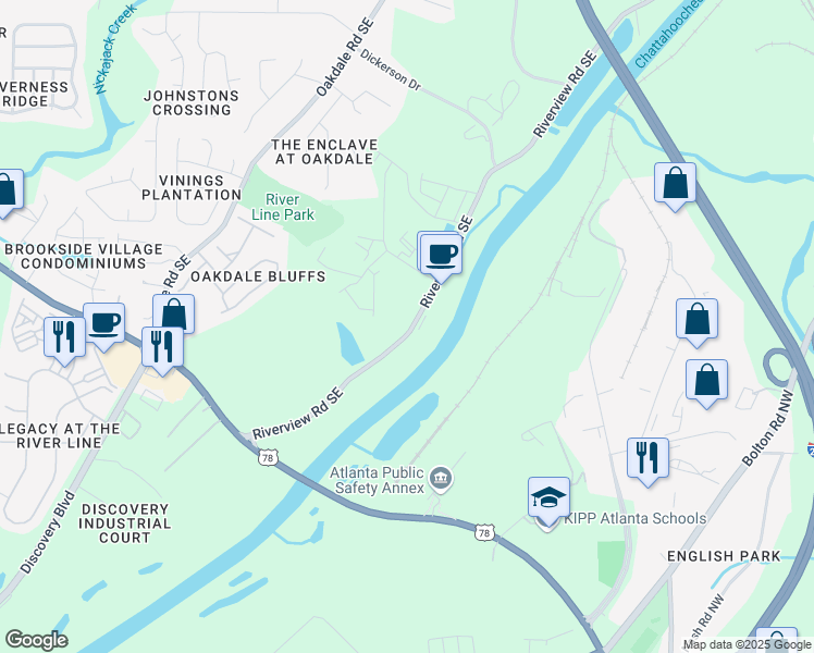 map of restaurants, bars, coffee shops, grocery stores, and more near 6260 Riverview Road Southeast in Mableton