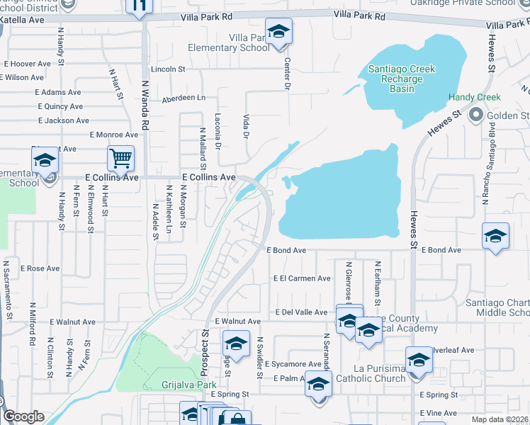 map of restaurants, bars, coffee shops, grocery stores, and more near 821 North Siavohn Drive in Orange