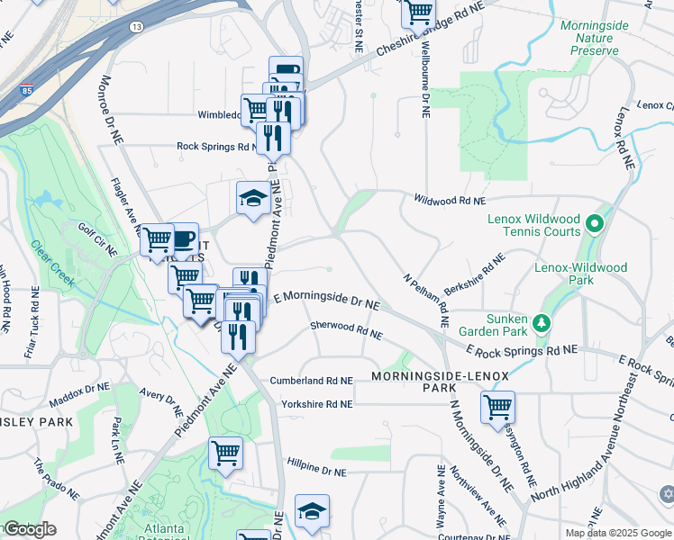 map of restaurants, bars, coffee shops, grocery stores, and more near 710 Greystone Park Northeast in Atlanta