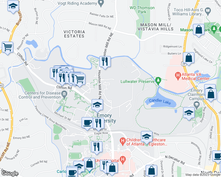 map of restaurants, bars, coffee shops, grocery stores, and more near 763 Houston Mill Road Northeast in Atlanta
