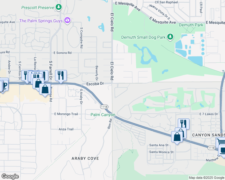 map of restaurants, bars, coffee shops, grocery stores, and more near 1849 El Cielo Road in Palm Springs