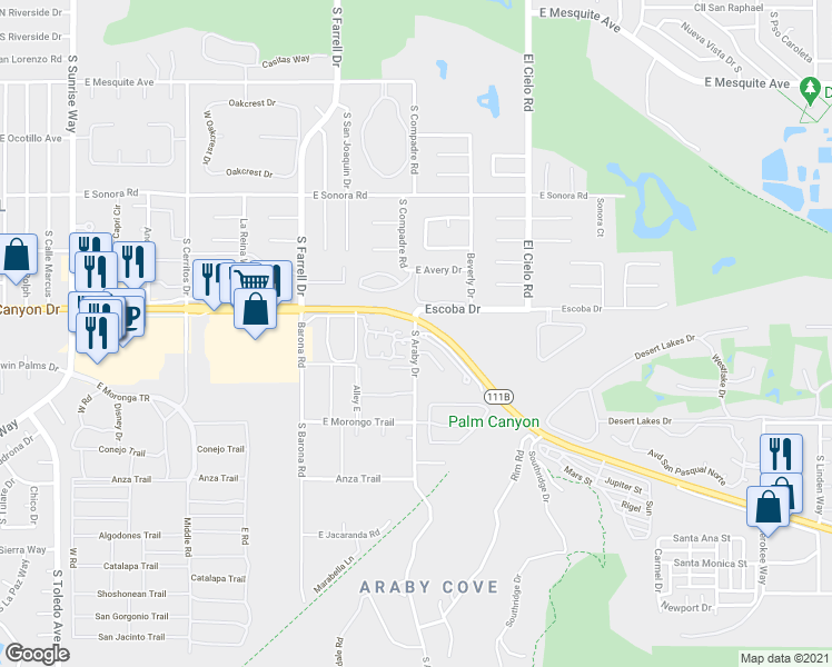 map of restaurants, bars, coffee shops, grocery stores, and more near 1700 South Araby Drive in Palm Springs