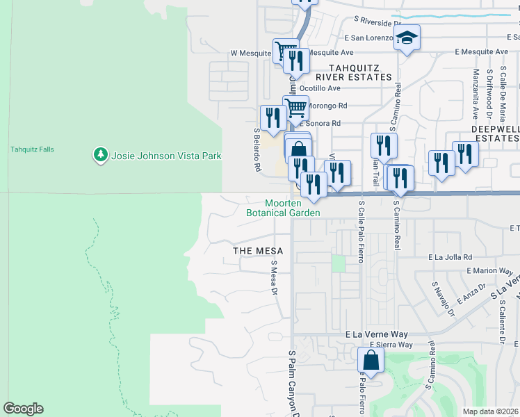 map of restaurants, bars, coffee shops, grocery stores, and more near 176 West El Camino Way in Palm Springs