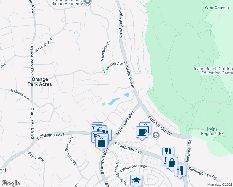 map of restaurants, bars, coffee shops, grocery stores, and more near 7828 East Lakeview Trail in Orange