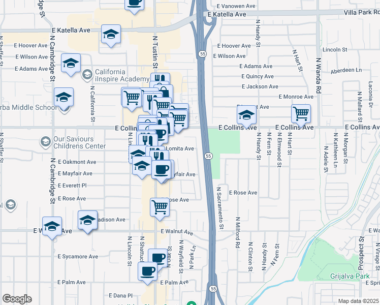 map of restaurants, bars, coffee shops, grocery stores, and more near 1943 East Lomita Avenue in Orange