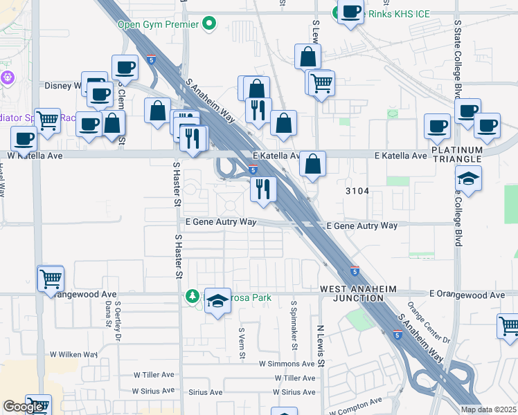 map of restaurants, bars, coffee shops, grocery stores, and more near 1855 South Manchester Avenue in Anaheim