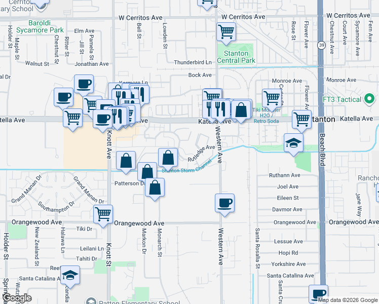 map of restaurants, bars, coffee shops, grocery stores, and more near 11030 Kibbins Circle in Stanton