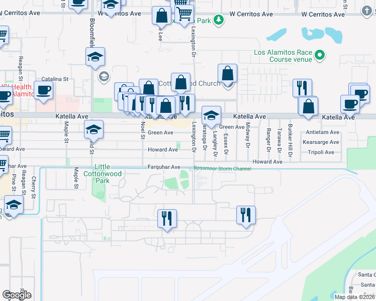 map of restaurants, bars, coffee shops, grocery stores, and more near 11132 Lexington Drive in Los Alamitos