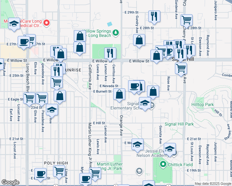 map of restaurants, bars, coffee shops, grocery stores, and more near 2421 Cerritos Avenue in Signal Hill