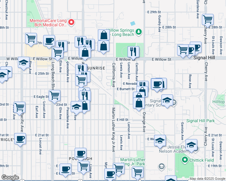 map of restaurants, bars, coffee shops, grocery stores, and more near 1015 East Burnett Street in Signal Hill