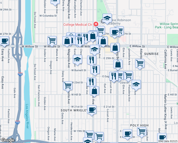 map of restaurants, bars, coffee shops, grocery stores, and more near 2401 Pacific Avenue in Long Beach