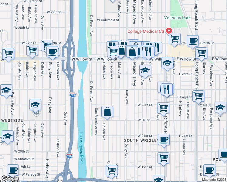 map of restaurants, bars, coffee shops, grocery stores, and more near 2411 Oregon Avenue in Long Beach