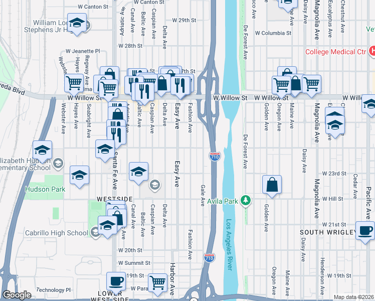 map of restaurants, bars, coffee shops, grocery stores, and more near 1301 West Burnett Street in Long Beach