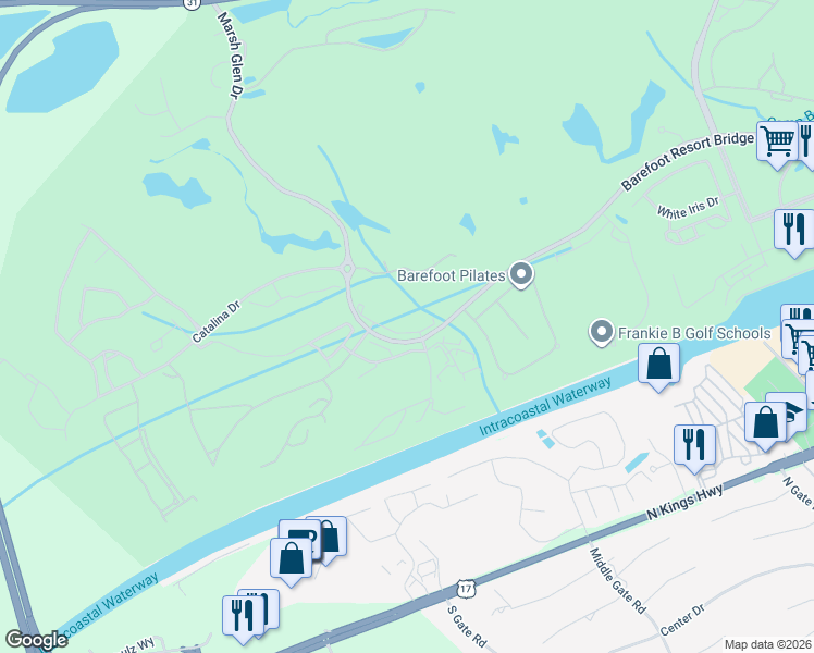 map of restaurants, bars, coffee shops, grocery stores, and more near 5650-4 Barefoot Resort Bridge Road in North Myrtle Beach