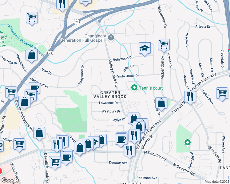 map of restaurants, bars, coffee shops, grocery stores, and more near 776 Valley Brook Road in Decatur