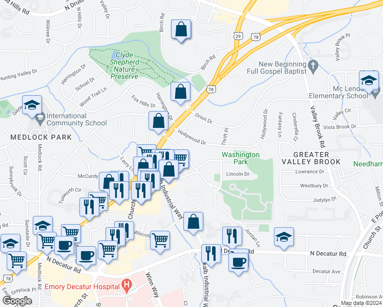 map of restaurants, bars, coffee shops, grocery stores, and more near 795 Jordan Lane in Decatur