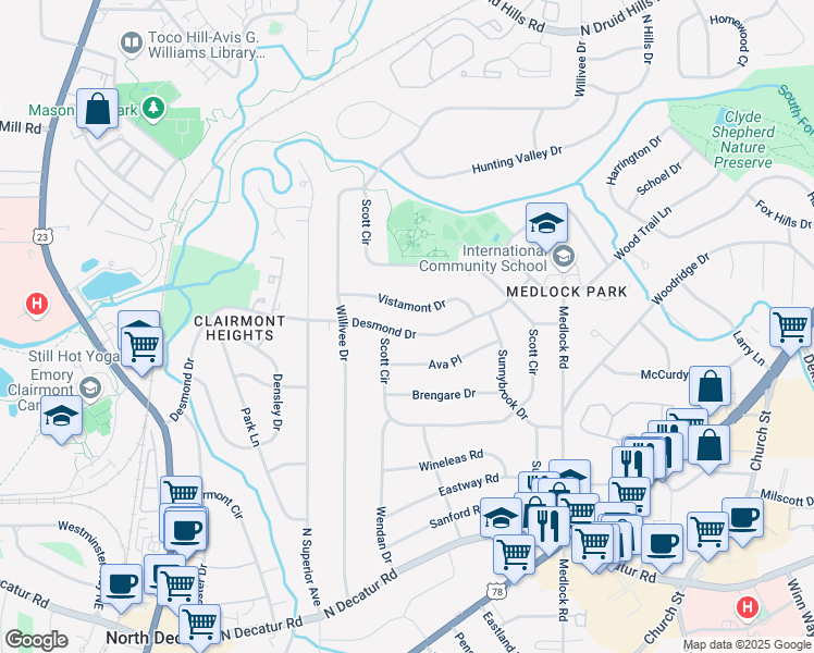 map of restaurants, bars, coffee shops, grocery stores, and more near 2272 Desmond Drive in Decatur
