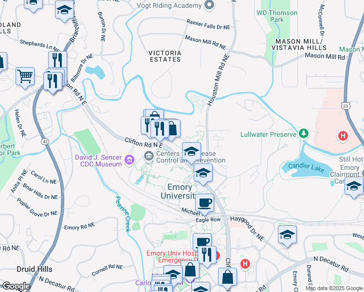 map of restaurants, bars, coffee shops, grocery stores, and more near 1579 Avenue Place in Atlanta