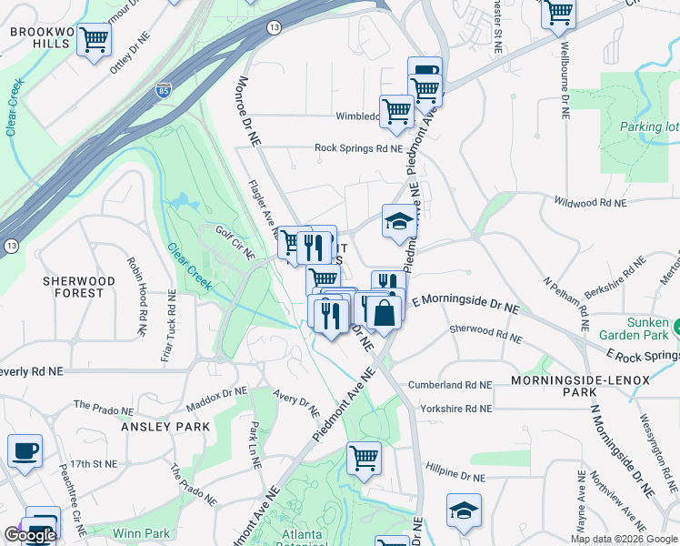 map of restaurants, bars, coffee shops, grocery stores, and more near 515 Ansley Circle Northeast in Atlanta
