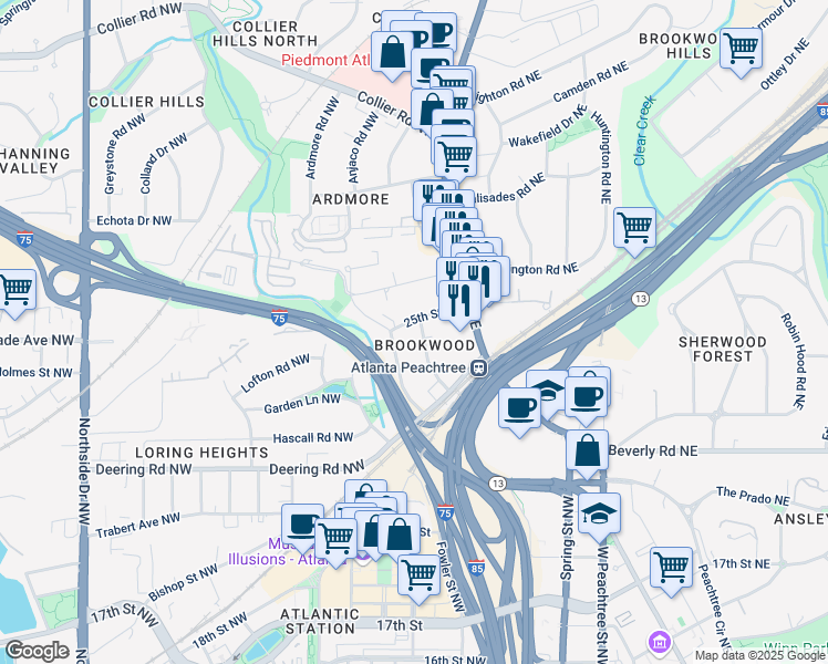 map of restaurants, bars, coffee shops, grocery stores, and more near 52 25th Street Northwest in Atlanta