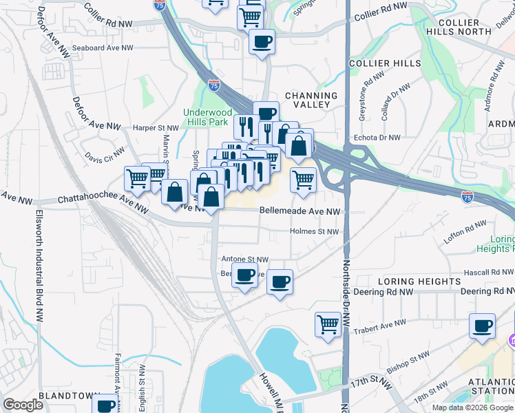 map of restaurants, bars, coffee shops, grocery stores, and more near 765 Bellemeade Avenue Northwest in Atlanta