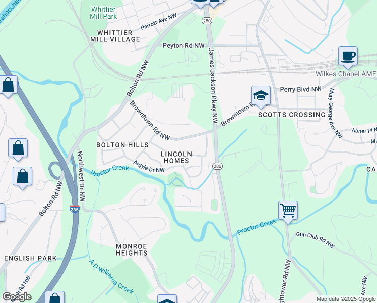 map of restaurants, bars, coffee shops, grocery stores, and more near 2745 Marco Drive Northwest in Atlanta